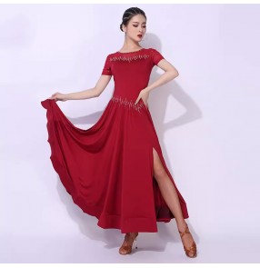 Black wine competition bling ballroom dance dresses for women girls side slit waltz tango foxtrot smooth dance long swing skirts feo female